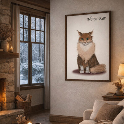 Norse Kat, fine art print van een nors kijkende Noorse Boskat, in een eenvoudige donkereiken lijst (in situ)