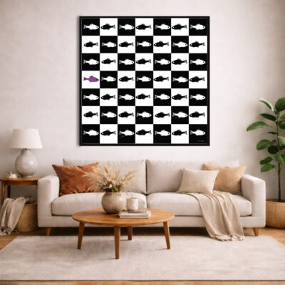 The Odd One Out, grafisch werk met vissen in situ