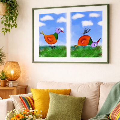 Fine art print 'Flipping': een vogel die in het gras staat, even later ligt hij op zijn rug (flipping the bird). Groene lijst, in situ.