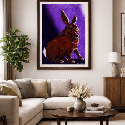 Yawning Hare in situ: brown hare yawning against a purple background. Fine art paper print in a simple oak wooden frame.